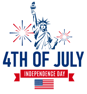 Statue of Liberty, American flag, 4th of July words in red, white and blue