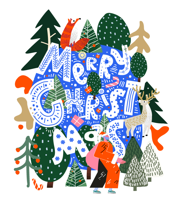 illustration of Christmas tree with gifts and stylized words "Merry Christmas"