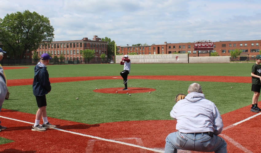 Dan Moriarty gears up to throw the opening pitch.