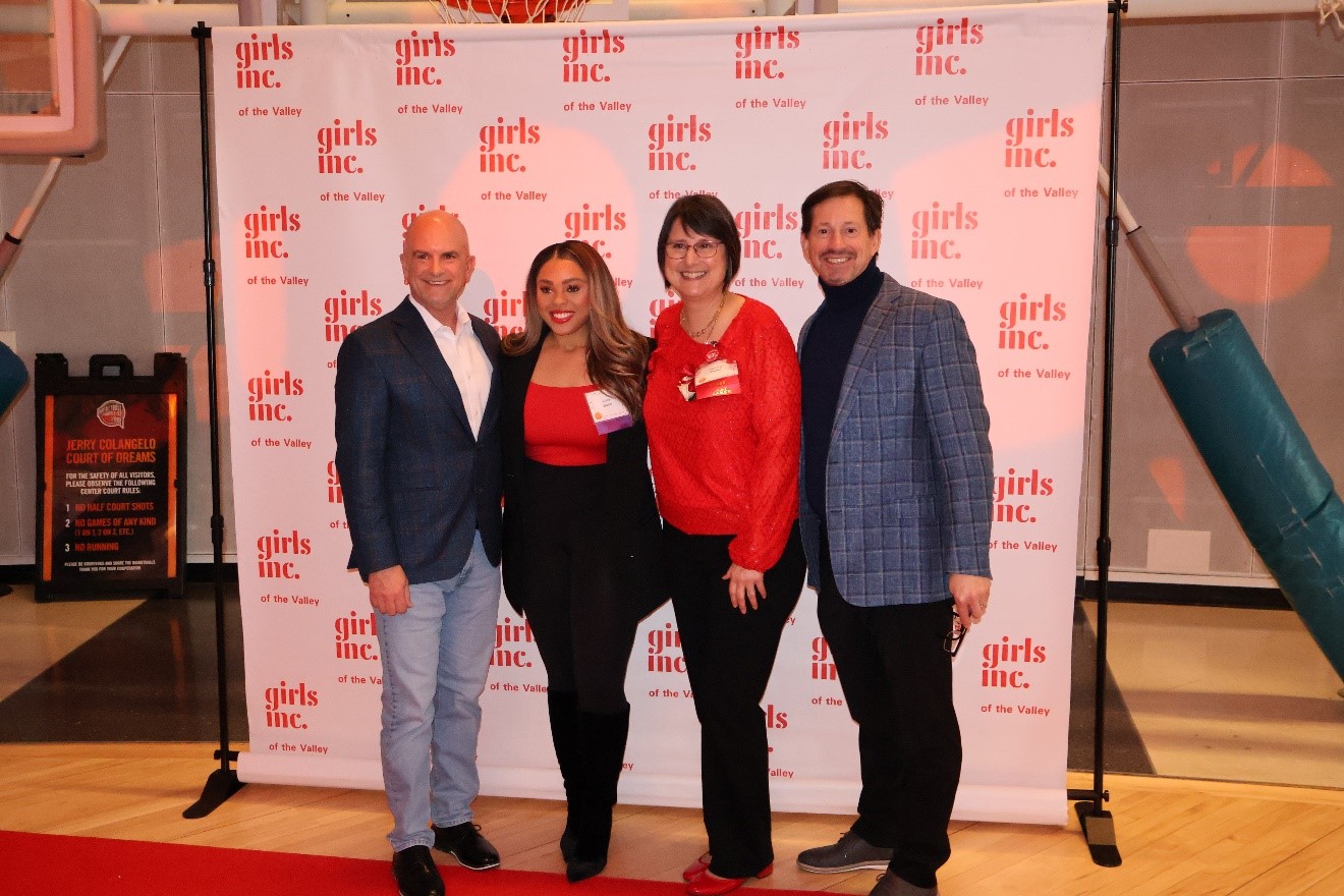 Monson Savings Bank President & CEO Dan Moriarty (left) and EVP COO Michael Rouette (right) pose for a photo at Girls Inc. of the Valley’s 2024 Spirit of Girls event in April with Monson Savings Bank Corporator and Girls Inc of the Valley Board Member Ciara Speller and Girls Inc. of the Valley Executive Director Suzanne Parker.