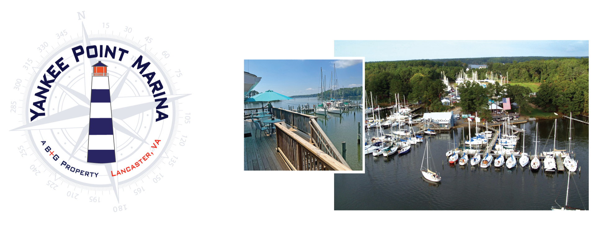 Yankee Point Marina Logo and Overhead View of Boats in the Water
