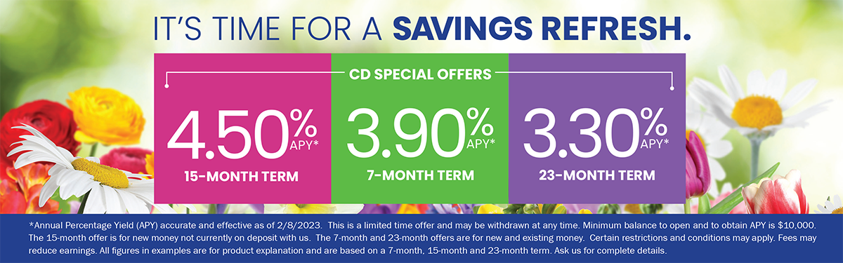CD Special Rates of 4.50%, 3.90% and 3.30% for various terms. See a BRB representative for complete details