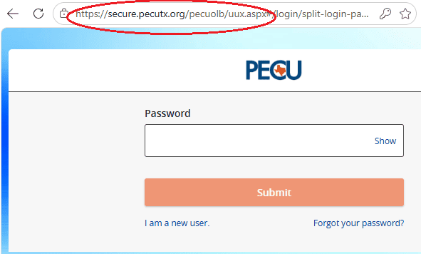 PECU Online Banking showing secure.pecutx.org in the browser address bar