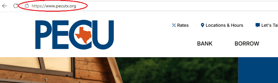 PECU homepage showing pecutx.org in the browser address bar