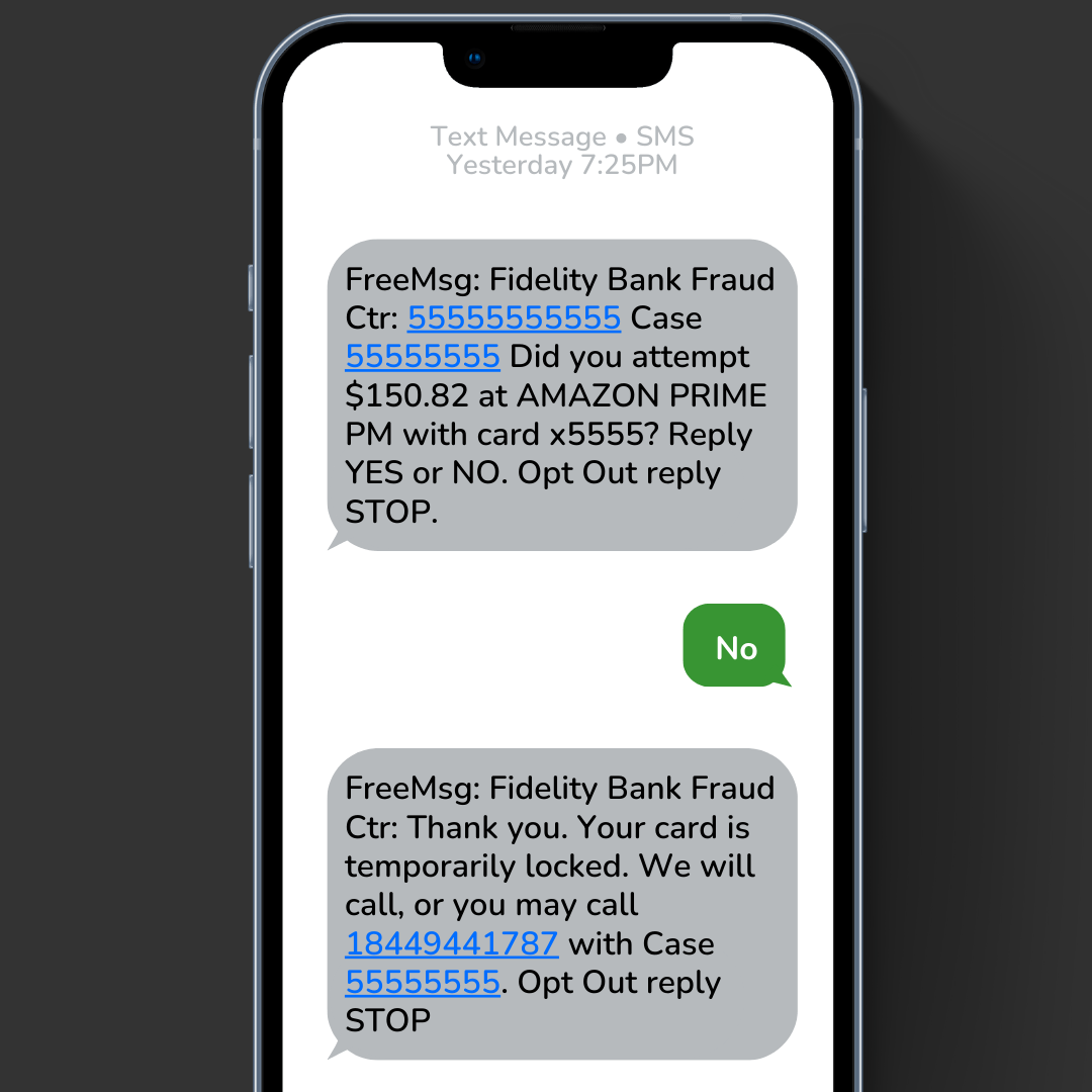 Legitimate Text Message Example from Fidelity Bank