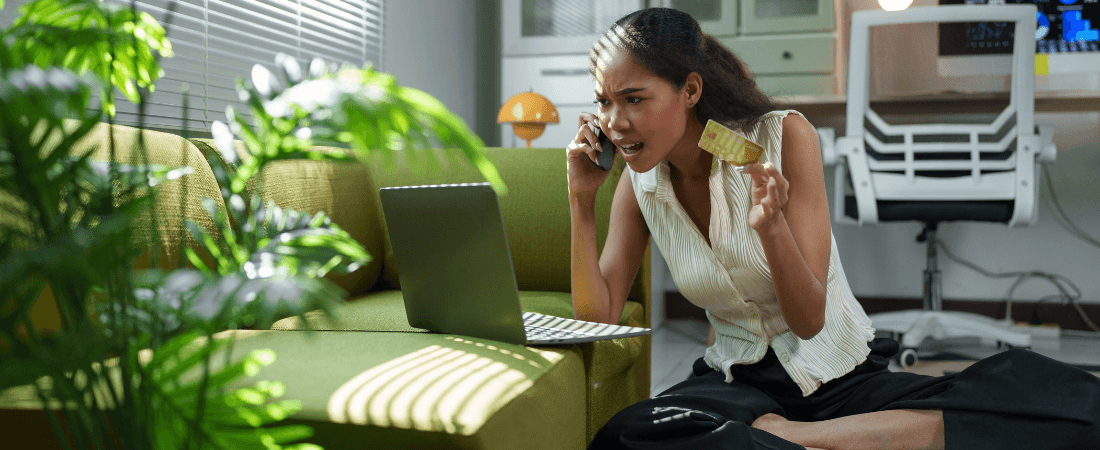 Woman on the phone because of fraud