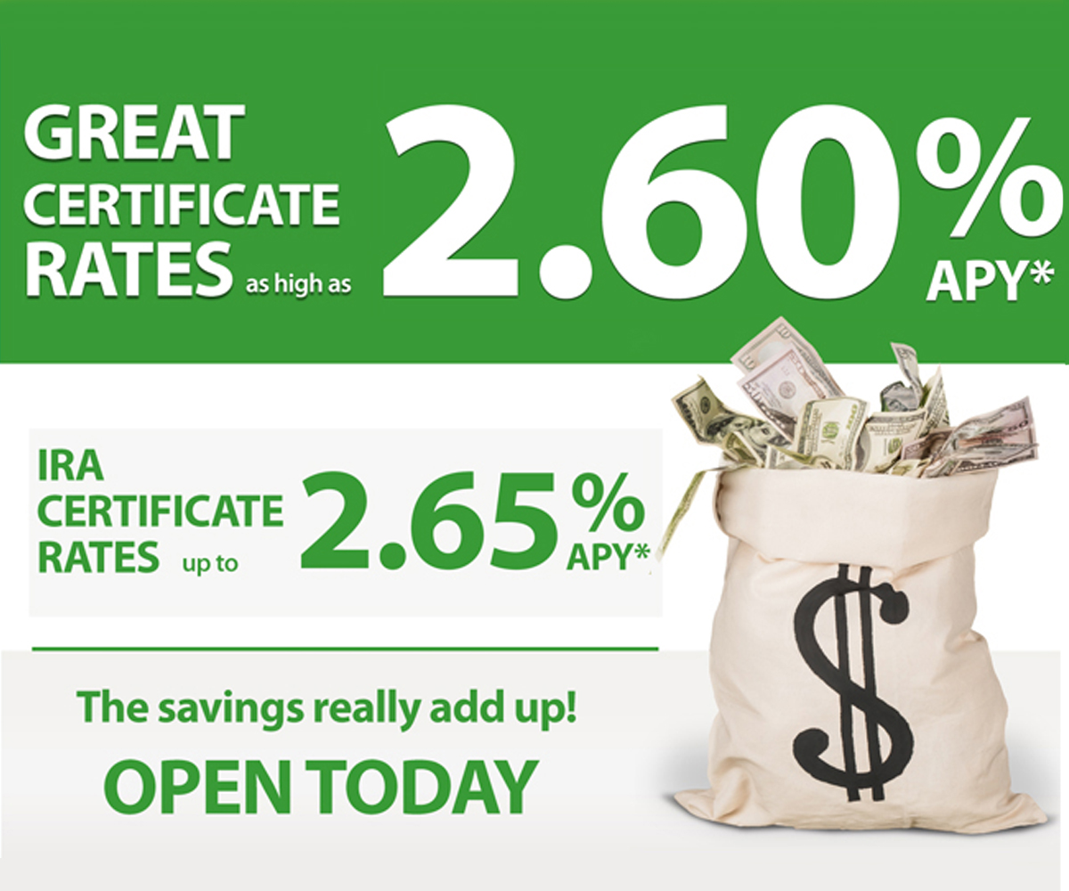 Great certificate rates as high as 2.60% APY